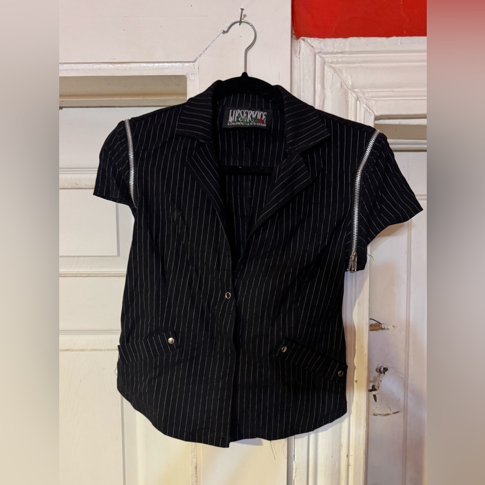 Lip Service vintage 90s gangsta prankster pinstripe zipper top rare M